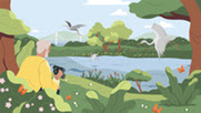 Illustration of person bird watching over a river with trees either side