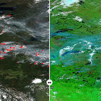 comparison image of wildfires in Canada