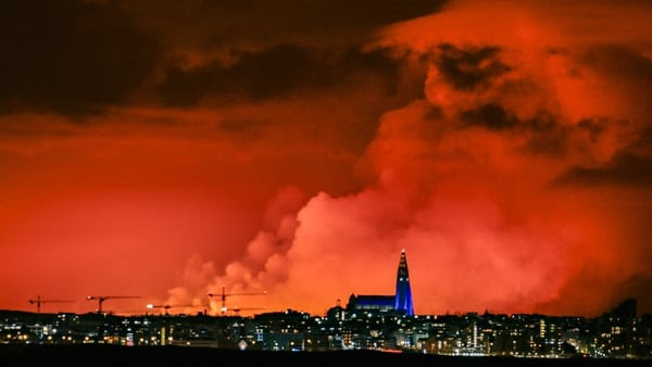 The skyline of Reykjavik was covered by an orange sky as a result of molten lava and smoke spewing into the air after the eruption