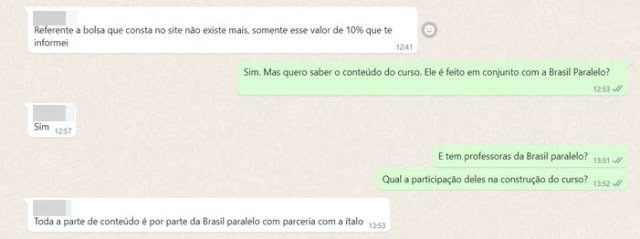 Conversa em que atendente do Centro Ítalo confirma parceria do curso com a Brasil Paralelo