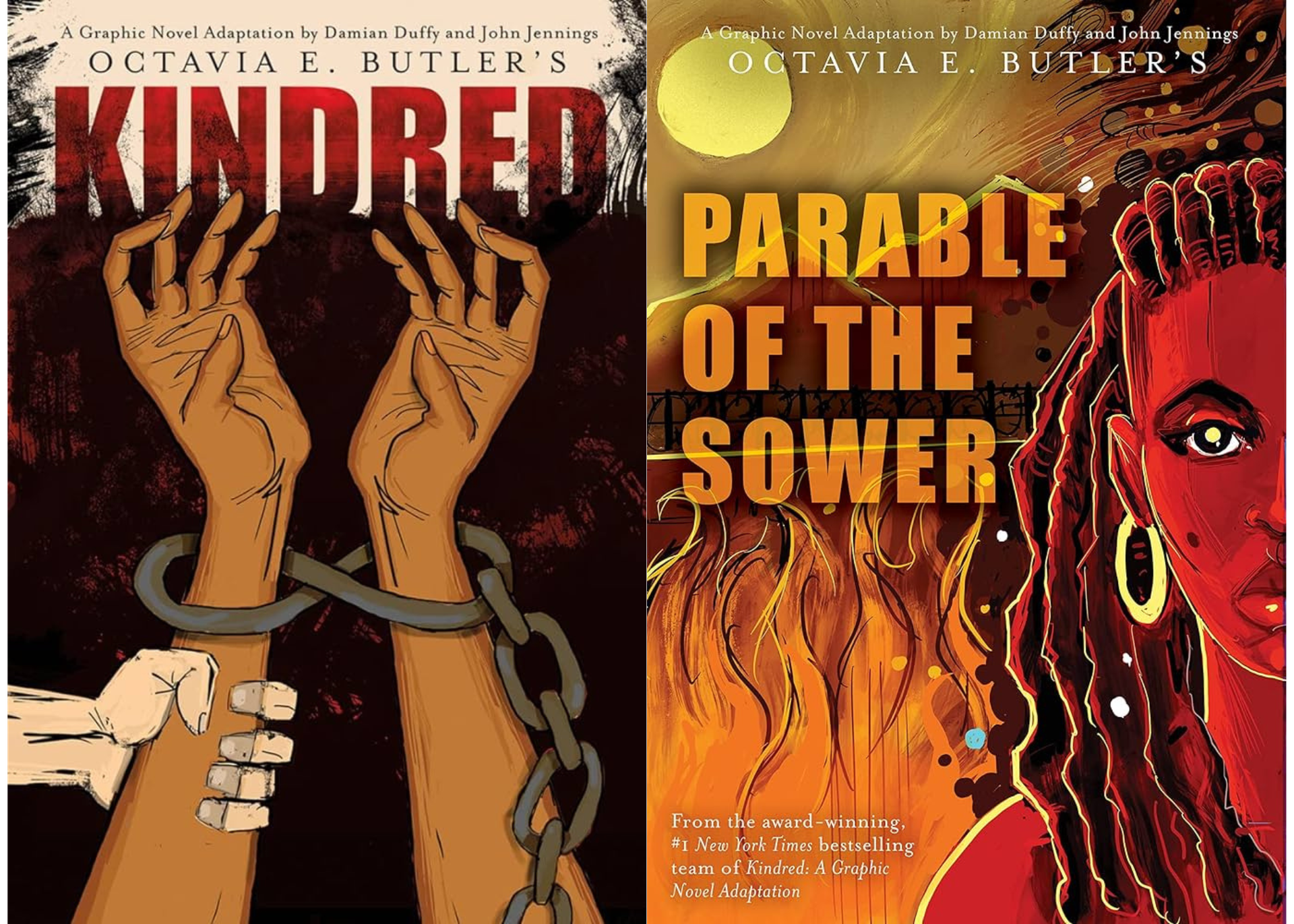 Graphic novel covers for Octavia Butler's Kindred (featuring a Black person's hands in chains with a white hand gripping one wrist) and Parable of the Sower (featuring a Black woman looking at the viewer with flames behind her)