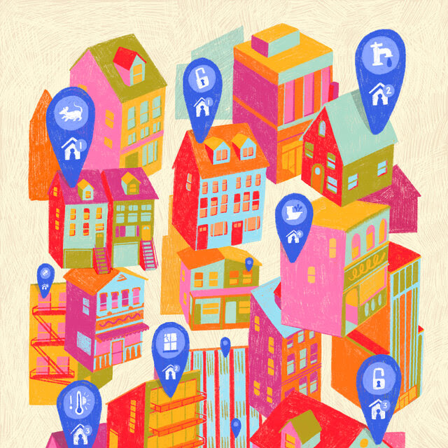 A colorful illustration of many buildings, some with pop-up bubbles showing icons of tasks being tended to by a figure inside a home.