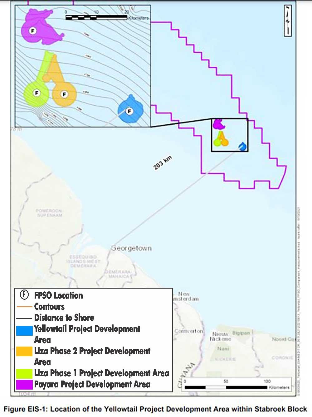 Map showing the three projects already producing oil in the Stabroek Block and the fourth planned development, Yellowtail