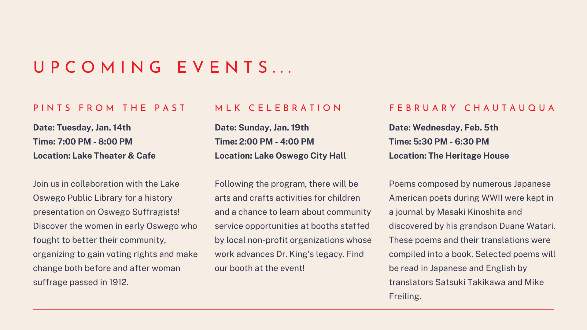 Upcoming events include: Pints from the Past, MLK Celebration, February Chautauqua