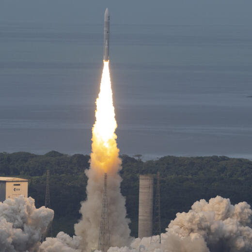 In this image provided by the European Space Agency, Europe?s new rocket Ariane 6 launches from Kourou, French Guiana, Tuesday, July 9, 2024. (Stephane Corvaja/European Space Agency via AP)