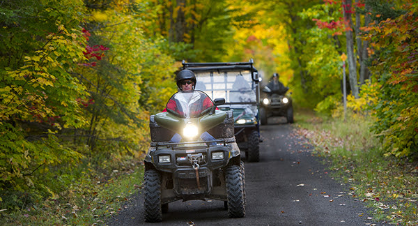 ORVs on road through forest with fall colors