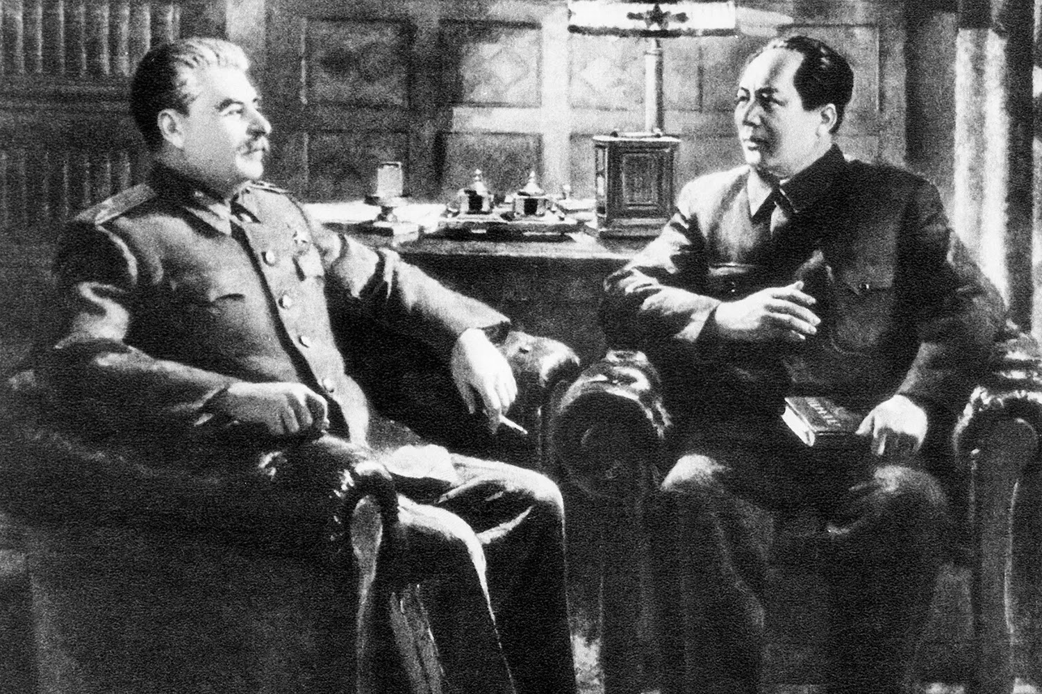 Soviet leader Joseph Stalin and Chinese leader Mao Zedong meet in Moscow in December 1949.