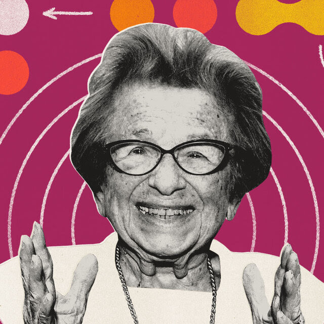 A photo illustration of a black and white photo of Dr Ruth with her hands out. She is in four concentric white circles. Various circles, joined circles and arrows surround here. The background is rose violet color. 