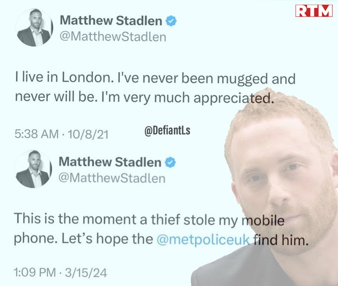 Hypocrite Matt Stadien makes claims about how safe London is then gets mugged in London.