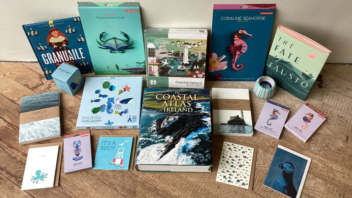 A selection of books, cards and crafts that are around the ocean