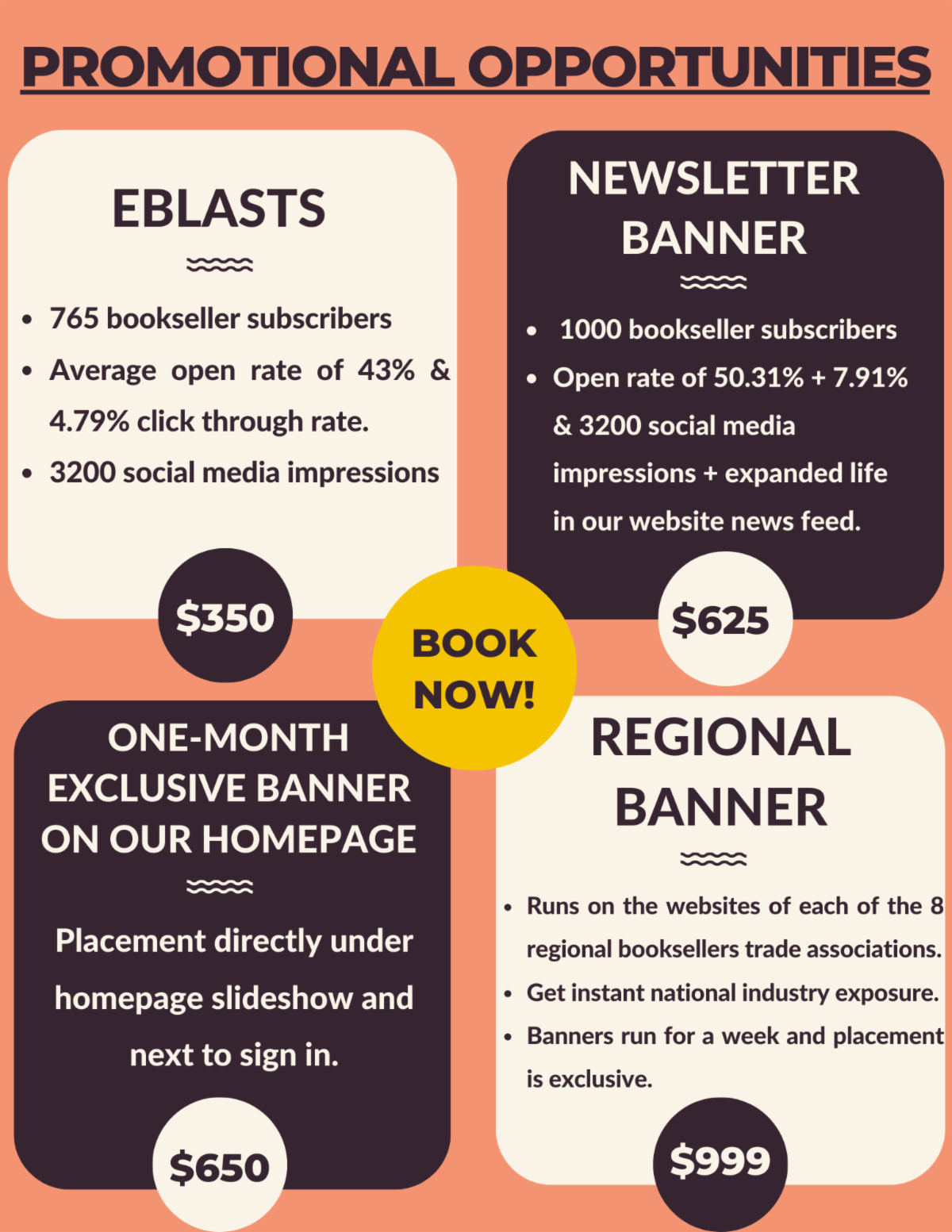 Promotional Opportunites. Eblasts. 765 bookseller subscribers . Average open rate of 43% & 4.79% click through rate. 3200 social media impressions. $350. Newsletter Banner.  1000 bookseller subscribers. Open rate of 50.31% + 7.91% & 3200 social media impressions + expanded life in our website news feed. $625. One-month exclusive banner on our homepage. Placement directly under homepage slideshow and next to sign in. $650. Regional Banner. Runs on the websites of each of the 8 regional booksellers trade associations. Get instant national industry exposure. Banners run for a week and placement is exclusive. $999. Book now!