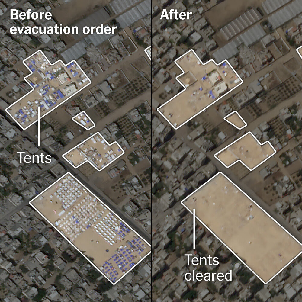 Two satellite photos of a study area. In the one on the left, there are small white and blue dots in one area, labeled as tents. In the one on the right, of the same area, those places are empty. It’s labeled “tents cleared”