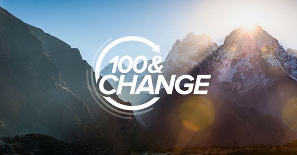 100&Change logo over a background of mountains