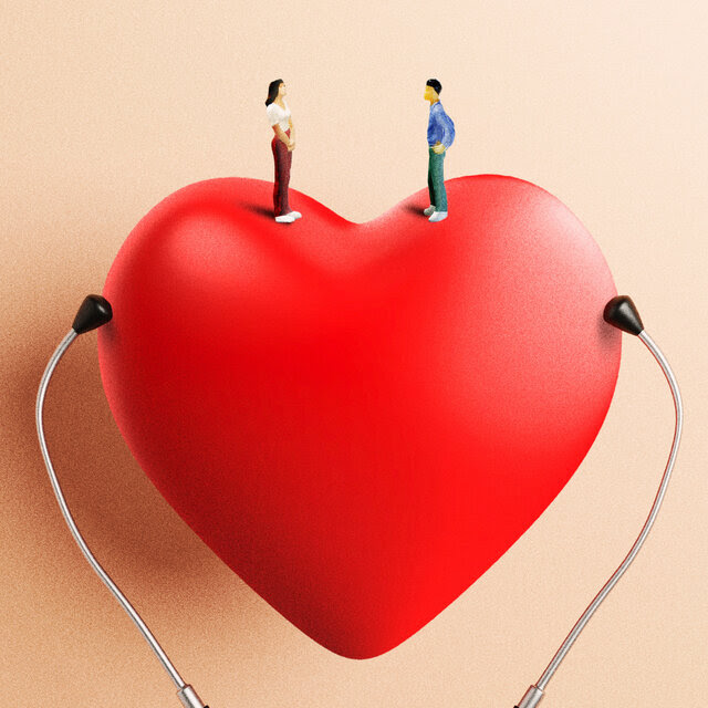 A photo illustration of a couple facing one another. They are standing on a three-dimensional heart. The ends of a stethoscope are on the heart. 