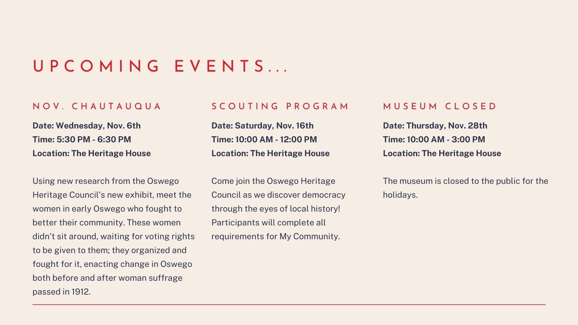 upcoming events include november chautauqua, scouting program, museum closure