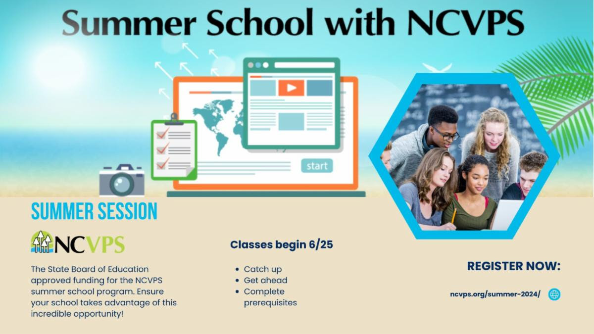 Summer School with NCVPS SUMMER SESSION N C V P S The State Board of Education approved funding for the NCVPS summer school program. Ensure your school takes advantage of this incredible opportunity! Classes begin 6/25 Catch up Get ahead Complete prerequisites REGISTER NOW: ncvps.org/summer-2024/