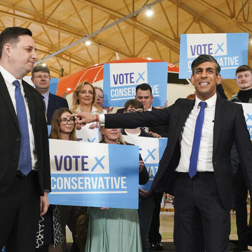 Conservative party candidate Lord Ben Houchen, left, with Britain's Prime Minister Rishi Sunak following his re-election as Tees Valley Mayor in Teesside, England, Friday May 3, 2024. (Owen Humphreys/PA via AP)