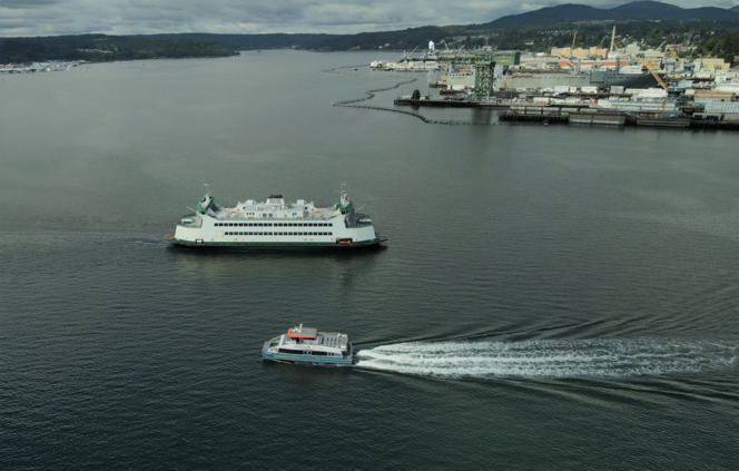 Aerial view of a Washington State Ferries vessel and a Kitsap Transit Fast Ferry near Bremerton