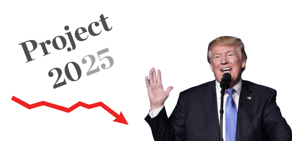 A photo of Donald Trump with the Project 2025 logo and a red down arrow.