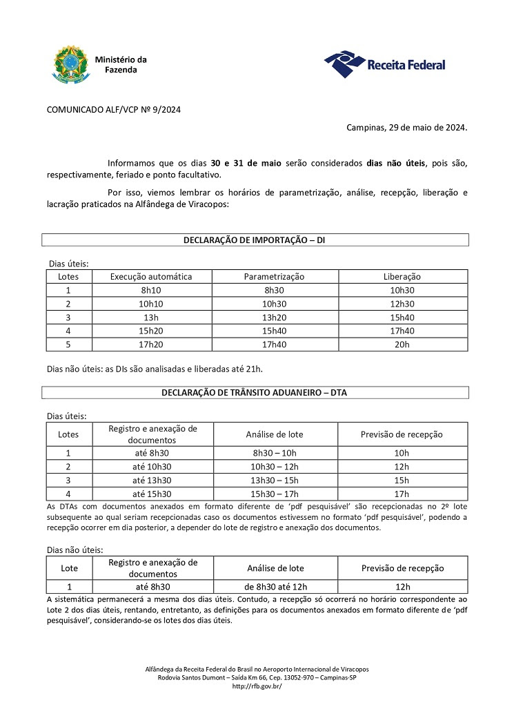 Comunicado ALF VCP nº 9 - 2024 - parametrização 30