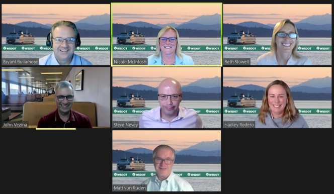 Screenshot of 7 people on camera during a virtual meeting