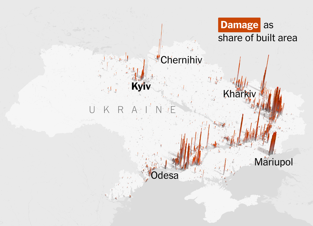 A map of Ukraine showing red spikes where damage from war was detected by Satellites