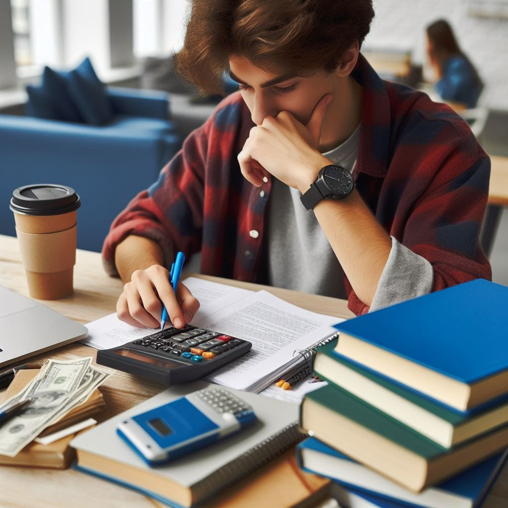 A student sits at a desk, deeply focused on calculations with a calculator and a pen in hand. The desk is cluttered with textbooks, notebooks, a laptop, a coffee cup, and some cash. The setting suggests a study environment, highlighting the student's effort to manage expenses while studying.