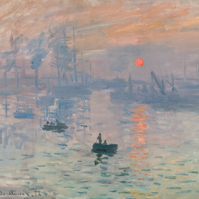 A painting of a sunrise over the water, with small boats in the foreground.