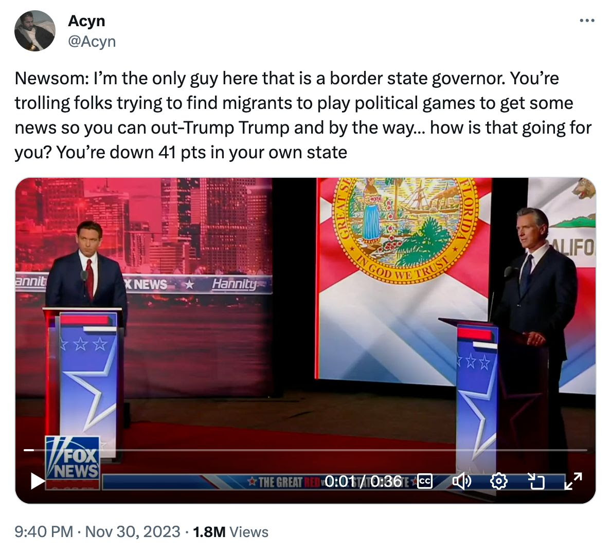 'Newsom: I’m the only guy here that is a border state governor. You’re trolling folks trying to find migrants to play political games to get some news so you can out-Trump Trump and by the way… how is that going for you? You’re down 41 pts in your own state'