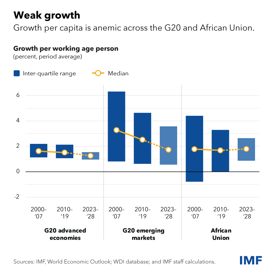 chart showing growth per working age person in percent across the G20 and African Union