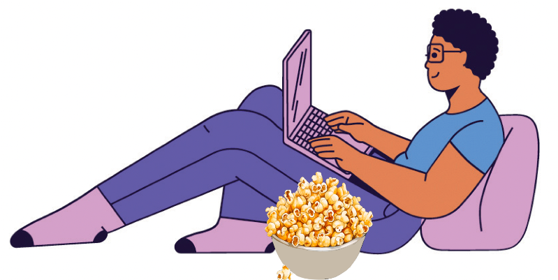 Illustration od Person of color with cropped dark hair and glasses lounging back on a pillow using a laptop with a bowl of popcorn beside them