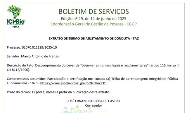 Termo de ajustamento de conduta do ICMBio para o servidor que destruiu o terreiro de Jarê