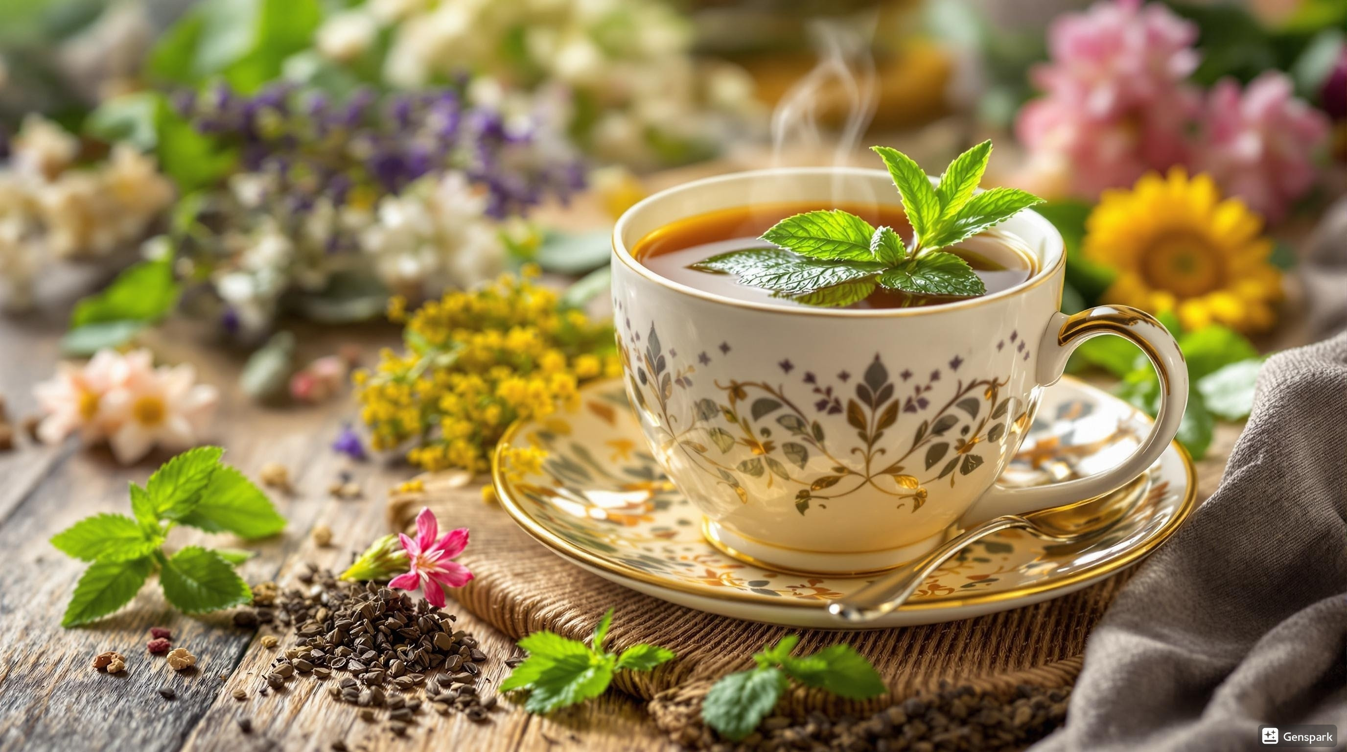 Steaming cup of herbal tea with mint leaves, surrounded by dried herbs and flowers on wooden table