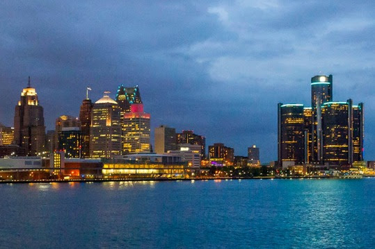 Detroit skyline at dusk.