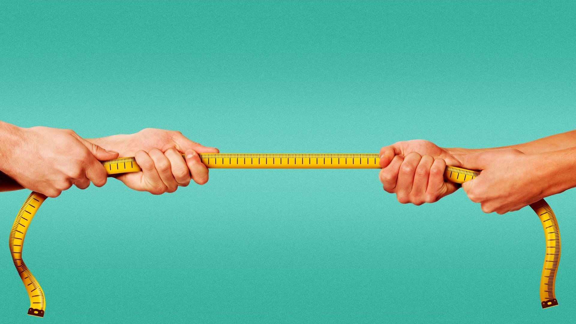 Illustration of two pairs of hands playing tug-of-war with a tape measure