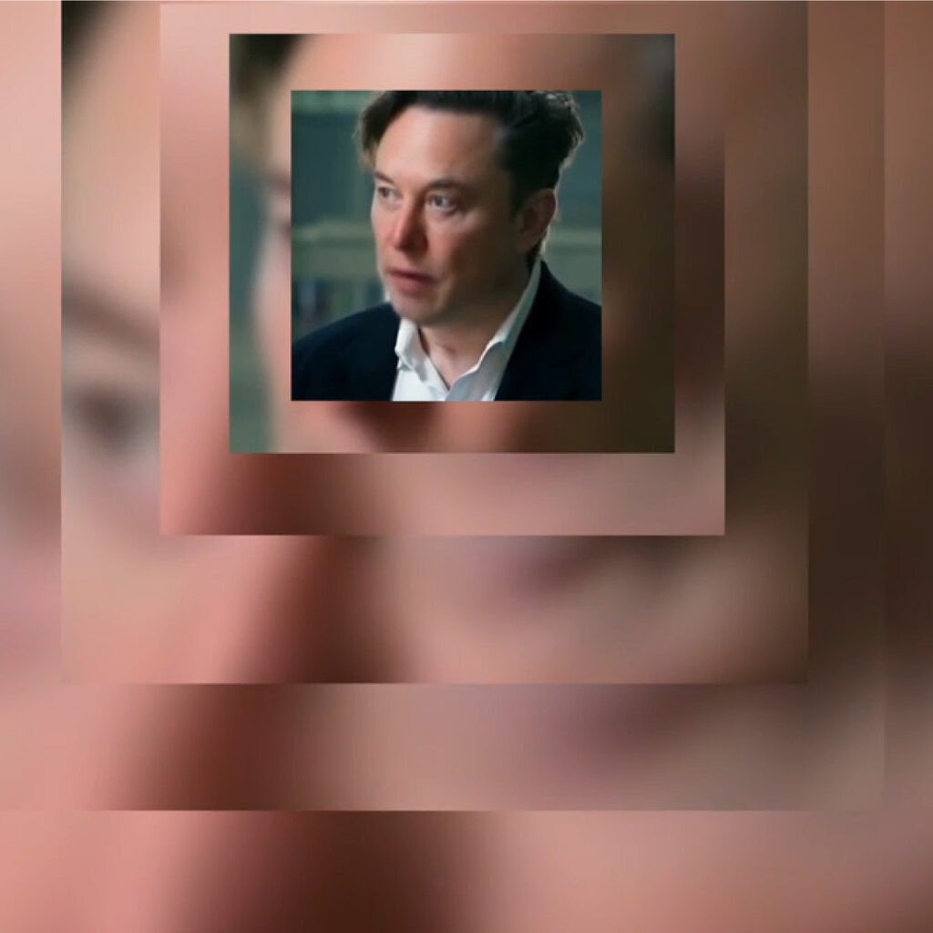 A small photo of Elon Musk is overlaid on top of several other blurry, zoomed-in photos in an illustration.