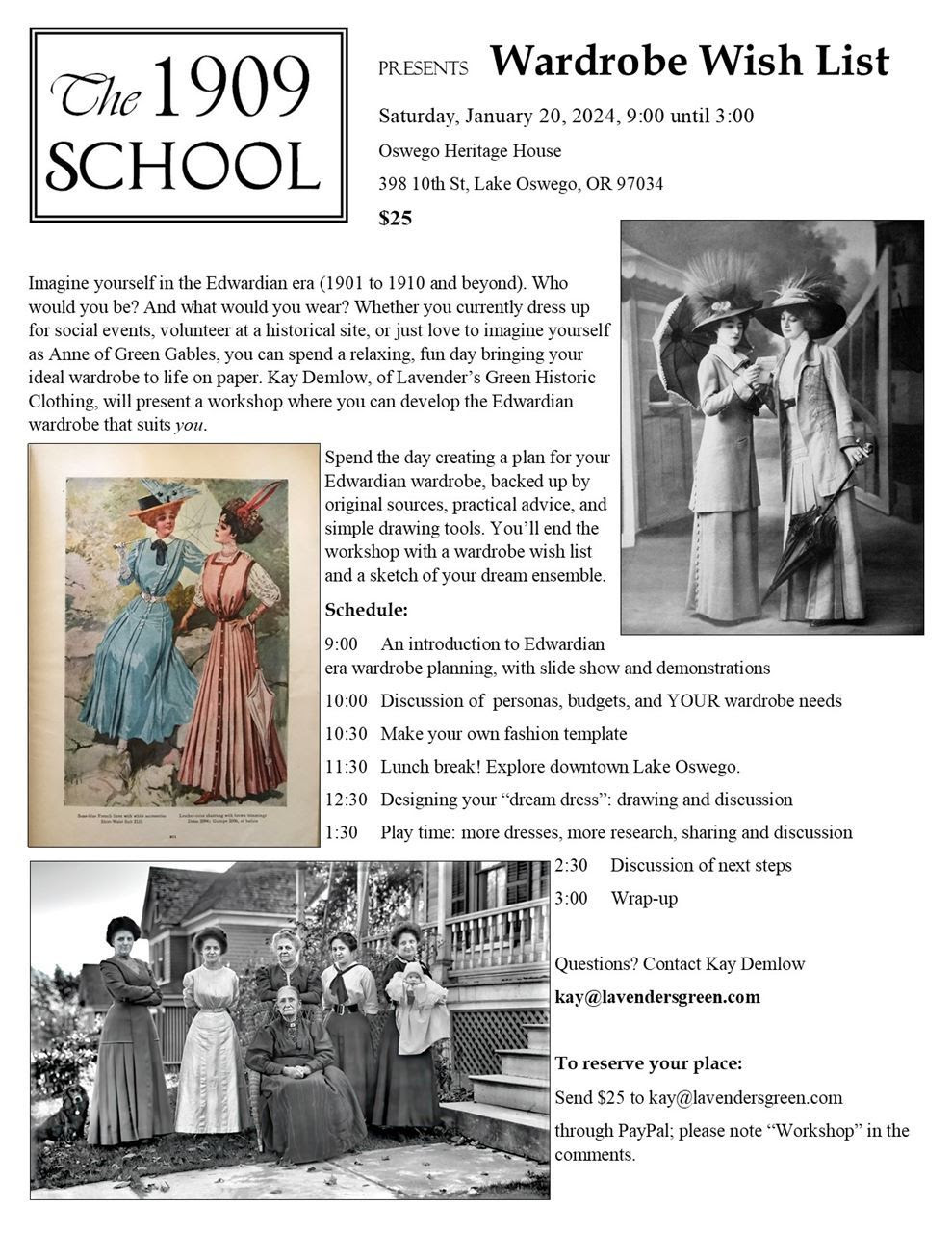 The 1909 School presents Wardrobe Wish List. Event flyer for Kay Demlow's event with the Heritage House