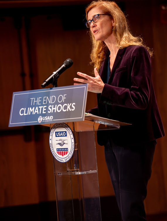 Administrator Power at podium during Climate Shocks speech