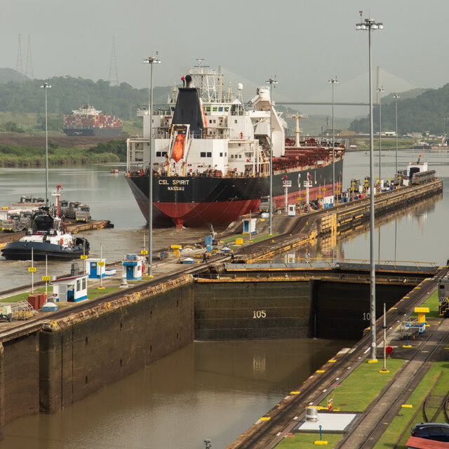 A freighter at the Miraflores locks in the Panama Canal.