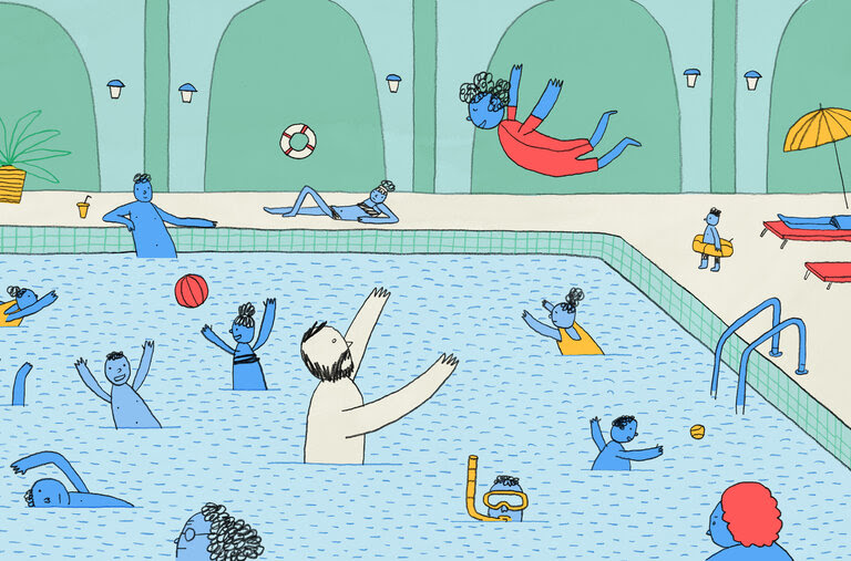 An illustration of a little girl swan-diving into the arms of a man in a big swimming pool.