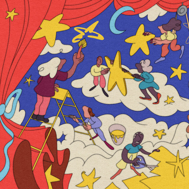 A red curtain is being pulled back to reveal several people doing tasks atop clouds. Some are on ladders, others are painting or drawing yellow stars to display in the sky.