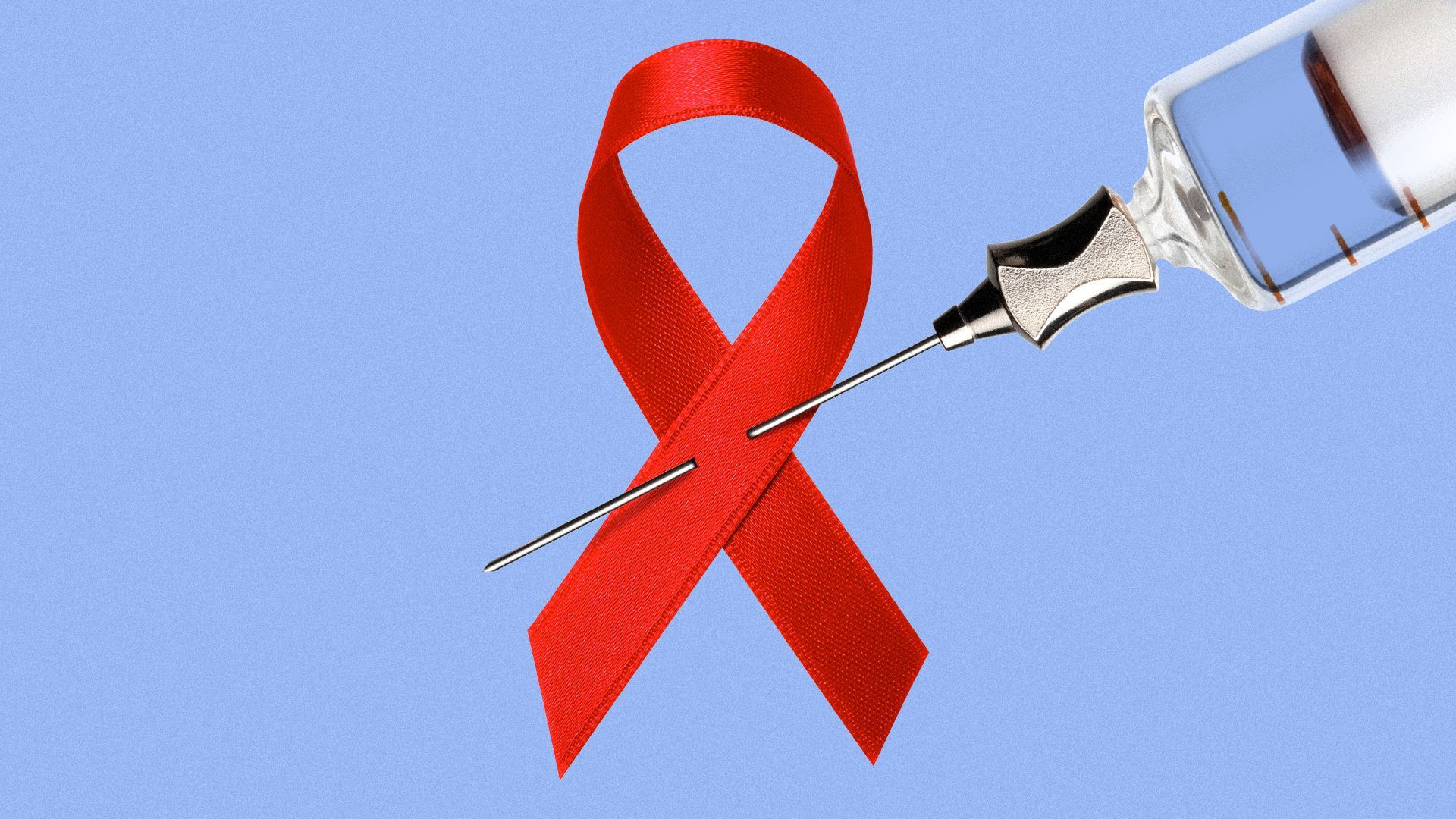 Illustration of a syringe pinned on a HIV awareness ribbon.