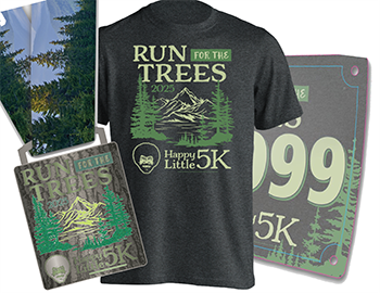 Dark green Happy Little 5K race medal, T-shirt and bib, with Bob Ross image and text Run for the Trees, Happy Little 5K