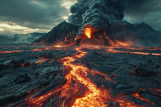 Molten rock volcanic eruption