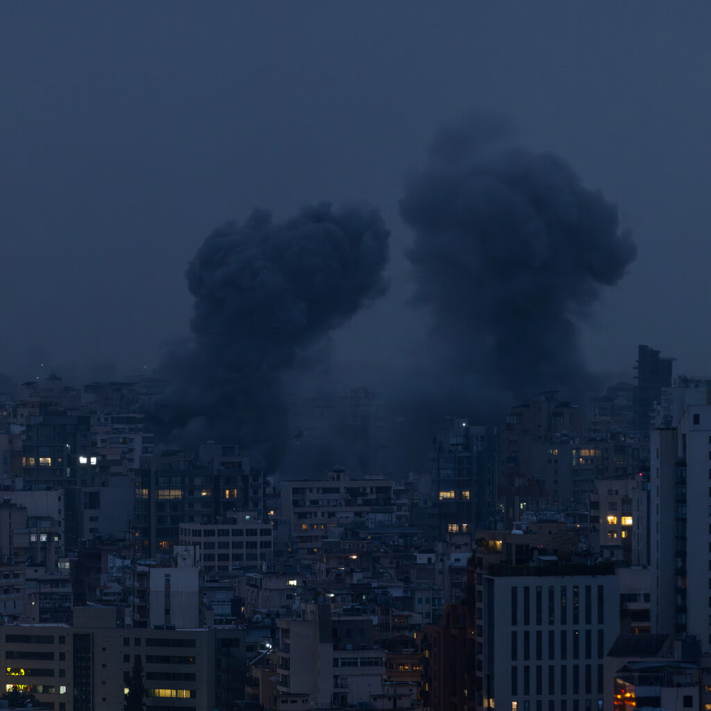 Smoke billows from multiple Israeli airstrikes in Beirut, Lebanon.