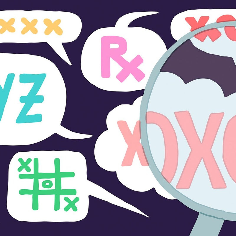 Illustration of chat bubbles with different abbreviations in them.