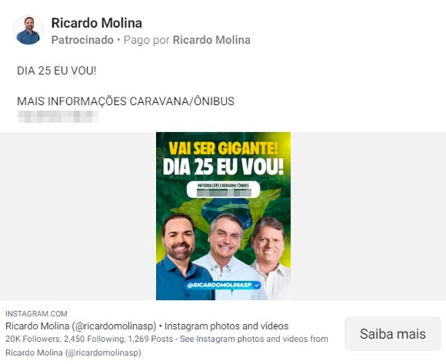 Convocação de Ricardo Molina para o ato pró-Bolsonaro no dia 25 de fevereiro