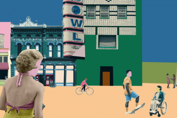 A collage design depicts a woman, biker, skateboarder, person in wheelchair, and two others on a street near a bowling alley.