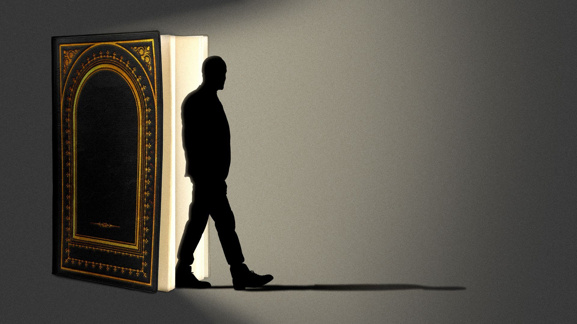 Illustration of a man walking out of a religious book.