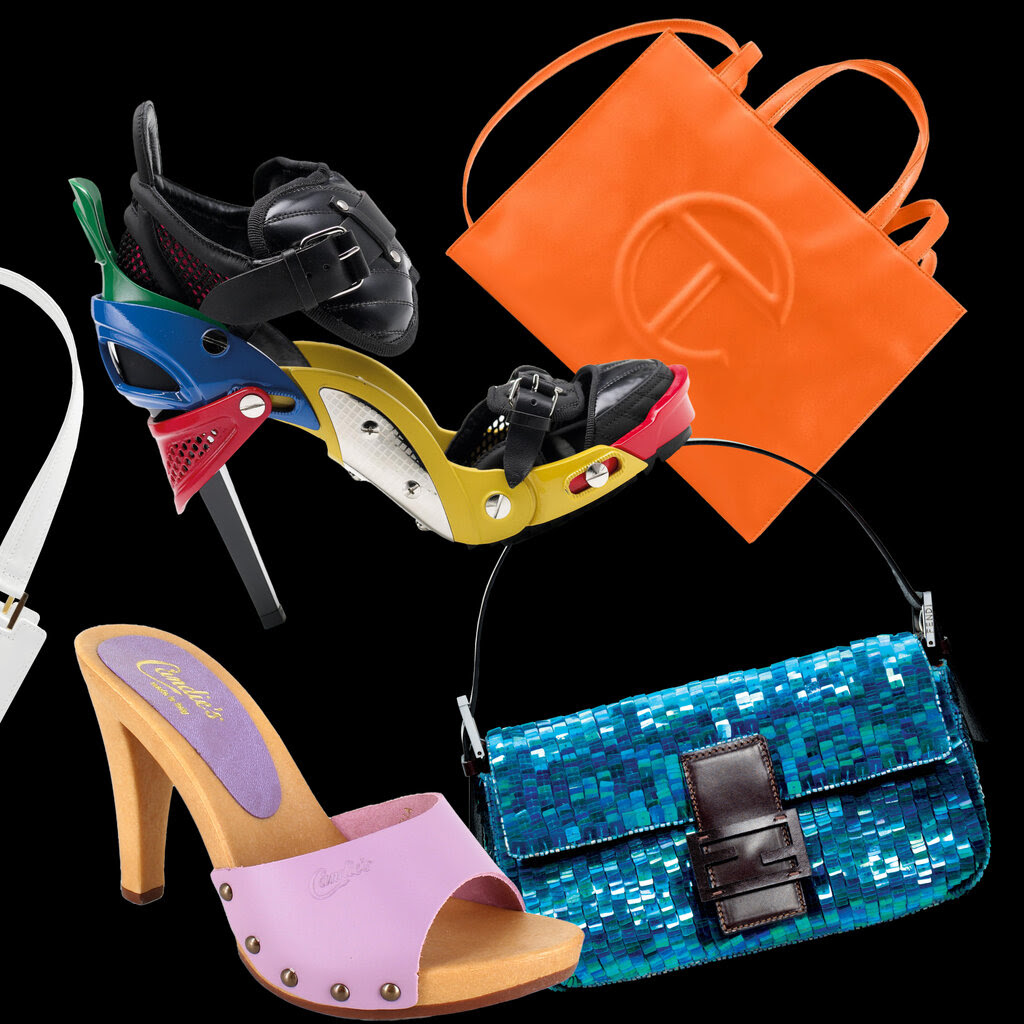 A collage of various bags and shoes on a black background.